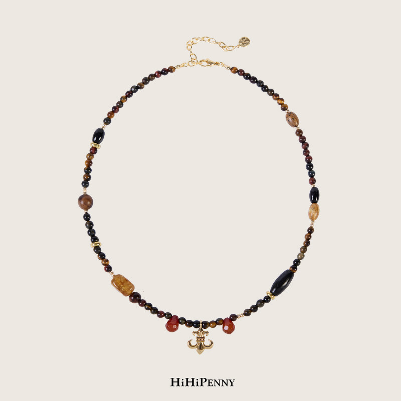 HiHipenny/虎眼石项链天然木珠拼接金色吊坠