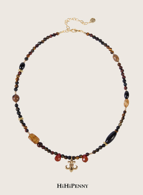 HiHipenny/虎眼石项链天然木珠拼接金色吊坠