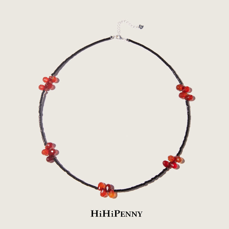 HiHipenny/温暖壁炉红玛瑙项链黑玛瑙天然石项链串珠项链毛衣链女