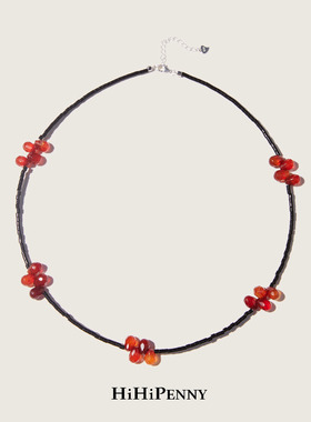 HiHipenny/温暖壁炉红玛瑙项链黑玛瑙天然石项链串珠项链毛衣链女