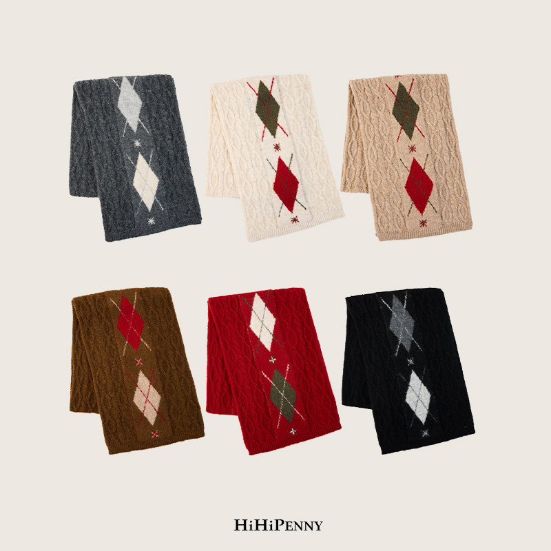 HiHipenny/“英伦优等生” 复古菱格麻花羊毛混纺针织围巾