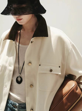 MEHT时尚百搭街头复古VINTAGE撞色领棉感工装风廓形夹克外套女装