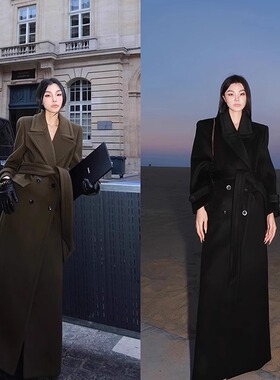 百搭款毛呢外套大衣时尚10%羊绒+90%高支羊羔毛黑色军绿色赫本风