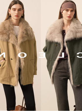 时尚气质拼接狐大翻领90白鹅绒中长款加厚防风保暖新款派克服外套