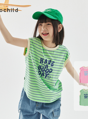 cicochild25夏新品儿童字母印花条纹t恤亲子款多巴胺撞色无袖上衣