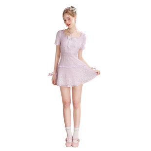 法式花边方领亮片连衣裙女夏晚宴聚会生日party成人礼日常小礼服