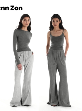 Wenn Zon春夏透气垂感显瘦休闲微喇裤美式宽腰头抽绳卫裤灰色百搭