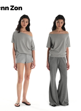 Wenn Zon 糯感棉质一字肩斜肩两穿堆叠短袖T恤美式宽松透气休闲