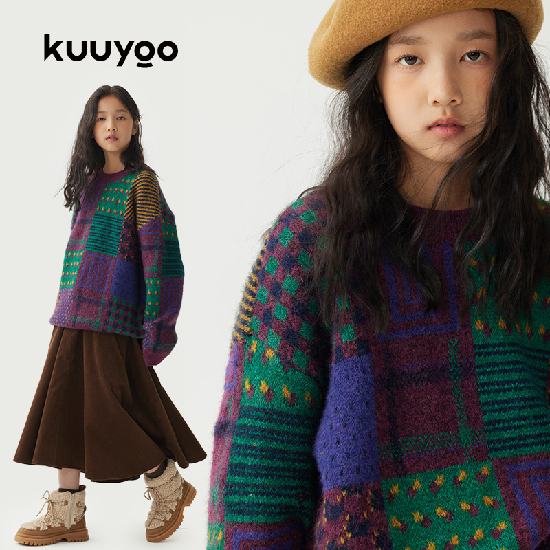 KUUYOO莫奈花园毛衣冬季中大童复古保暖圆领套头针织衫儿童上衣
