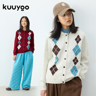 KUUYOO秋冬儿童英伦学院风菱格毛衣点子纱上衣女大童翻领针织开衫