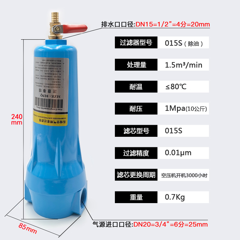 HOS压缩空气精密k过滤器015p油水分离器空压机除水冷干机干燥024q