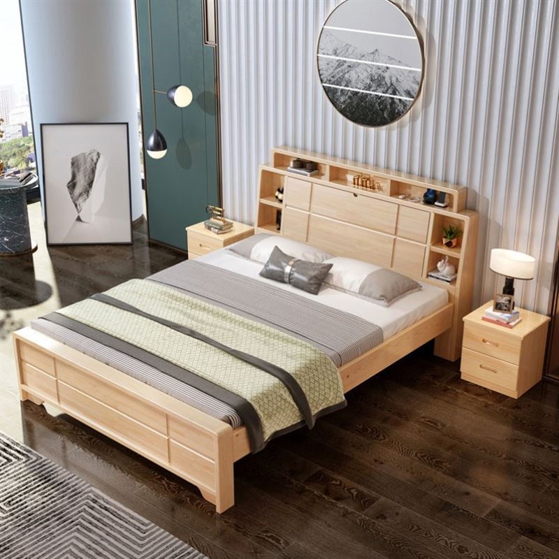 实木床成人1.8米双人床软靠储物带书架床1.5现代主卧松木1m单人床