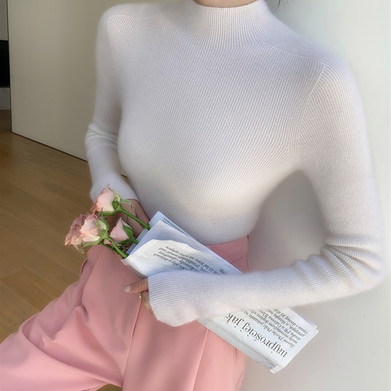 鄂尔多斯产无缝半高领100%纯喀什米尔羊毛衫女秋冬修身显瘦针织打