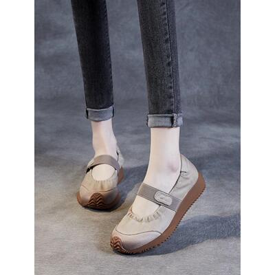 英国【设计师】轻薄的春秋季首层牛皮软底覆古系带休闲女鞋