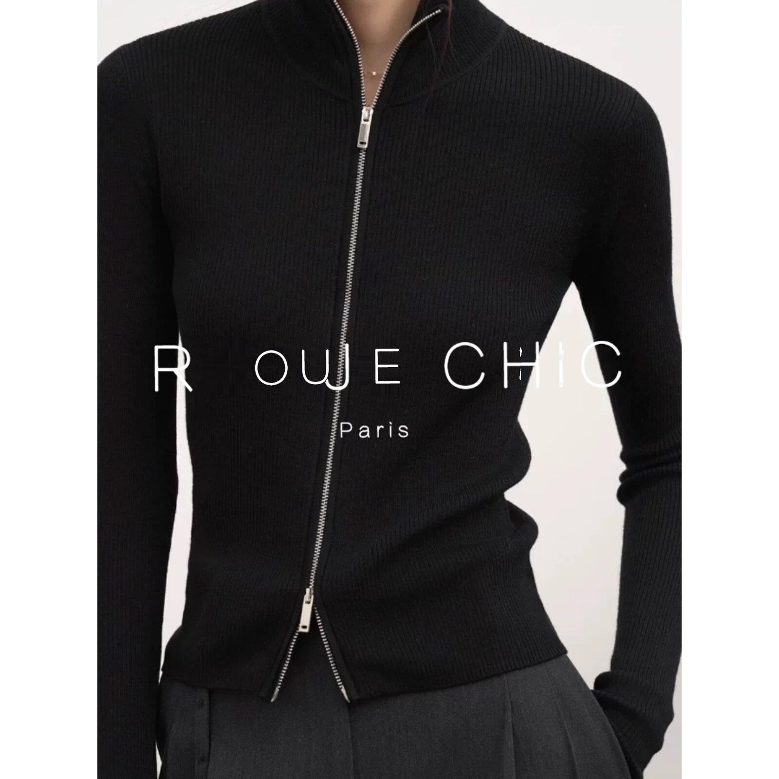 ROUJE CHIC法式气质双拉炼针织开衫外套女秋冬半高领打底毛衣上衣