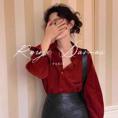 Rouje Damas法式复古灯芯绒红色衬衫女内搭叠穿磨毛衬衣长袖上衣