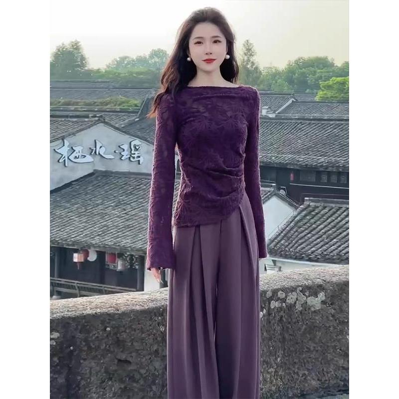 Ocnltiy紫色洋气套装女秋季气质竹叶提花不规则上衣阔腿裤两件套