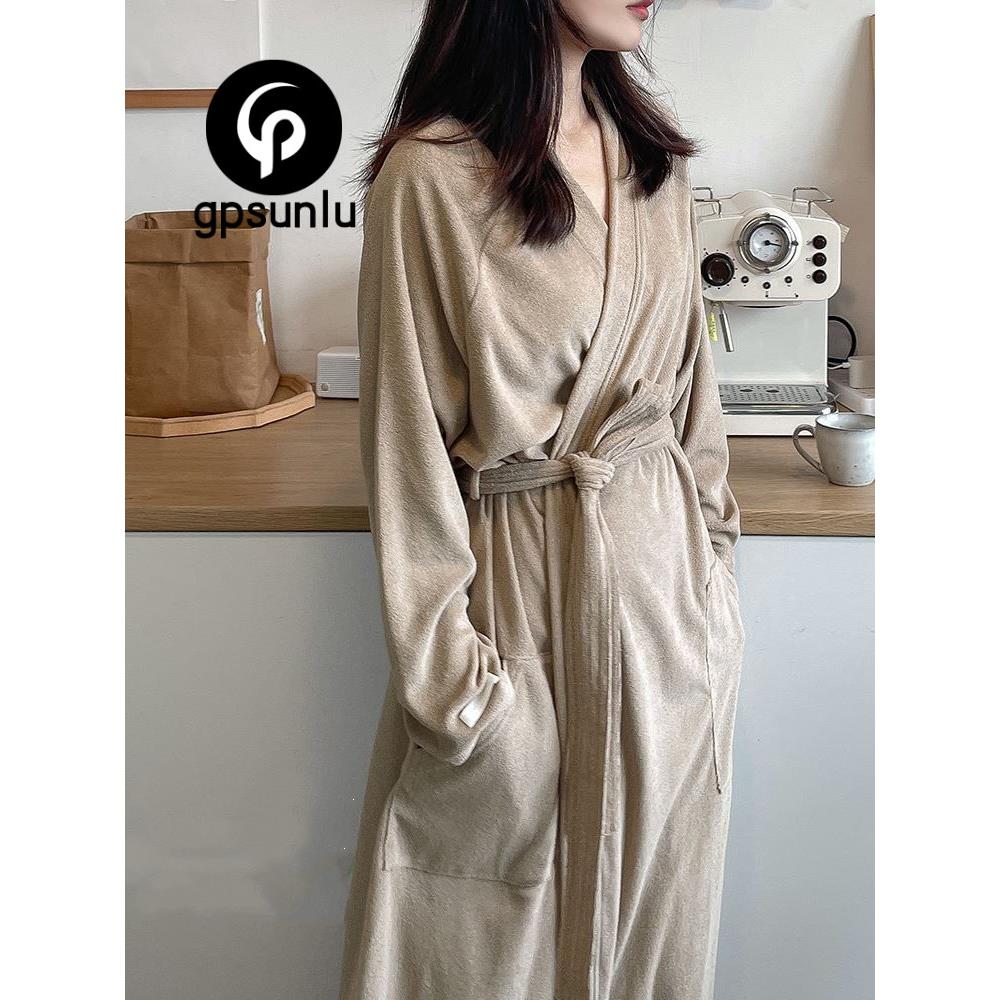 日本GP性感薄绒长版睡袍女纯棉情侣简约睡袍秋冬高级感浴袍家居服