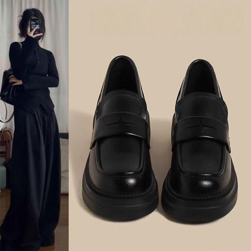 香港真皮厚底乐福鞋女秋季2025年新款一脚蹬单鞋黑色英伦风小皮鞋