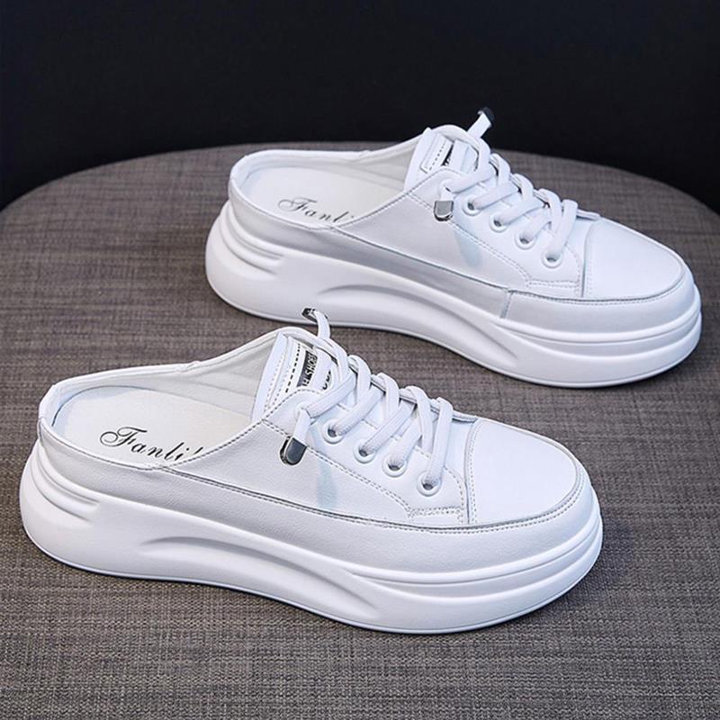 香港真皮白女鞋2025夏季新款拖鞋厚底外穿包头半拖鞋凉鞋