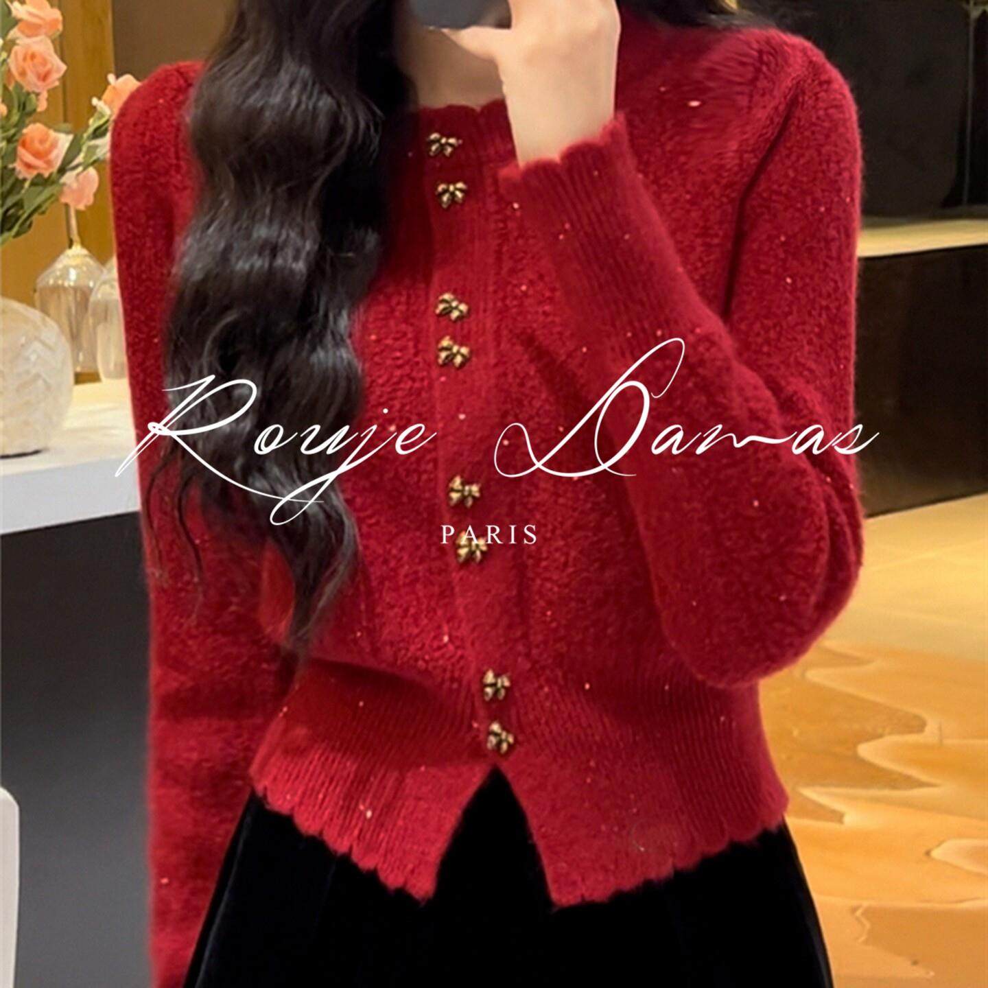 Rouje Damas红色小香风毛衣外套女装高级感气质短款长袖针织开衫,女装/女士精品,常规大码外套,淘宝优惠券,粉丝福利购,淘宝优惠卷