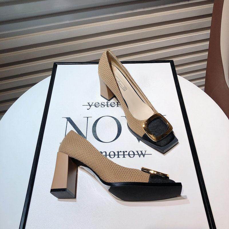 新款强推！小众设计小香风拼色方头粗跟单鞋女通勤百搭方头高跟鞋,女鞋,雨鞋,淘宝优惠券,粉丝福利购,淘宝优惠卷