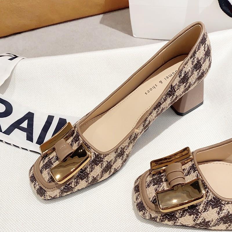 香港法式高跟鞋女方头粗跟浅口气质名媛千鸟格高级感中跟包鞋5cm