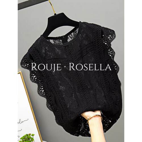 法国Rouje Rosella⭐黑色蕾丝衫女上衣夏波浪边无袖镂空洋派小衫