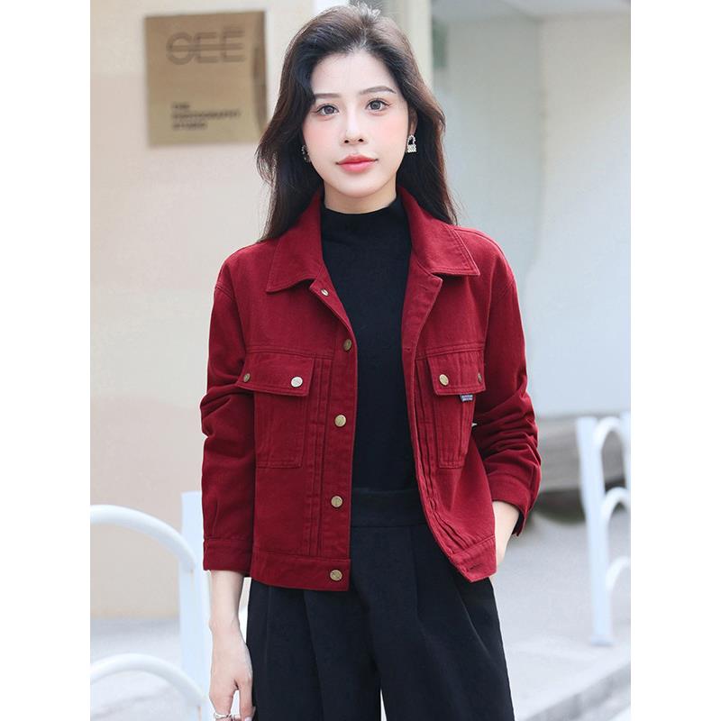 酒红色牛仔外套女2025年春秋季新款韩版宽松休闲短款翻领夹克上衣