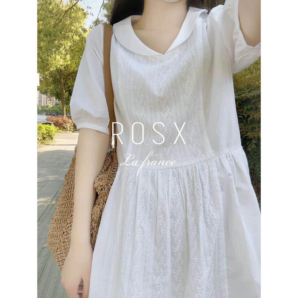 ROSX法式初恋少女娃娃领短袖小白裙女夏季新款镂空刺绣宽松连衣裙