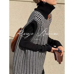Rouje Damas高领千鸟格毛衣马甲女装外穿中长款坎肩针织背心马夹