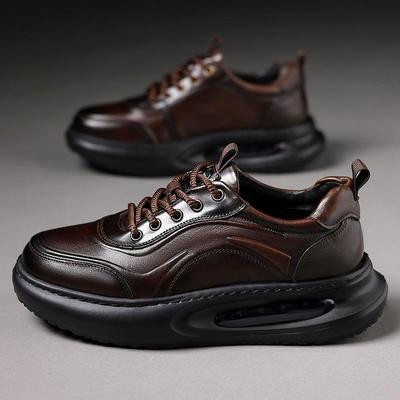 高端男鞋2025新款春季头层牛皮时尚休闲皮鞋气垫厚底增高运动鞋子