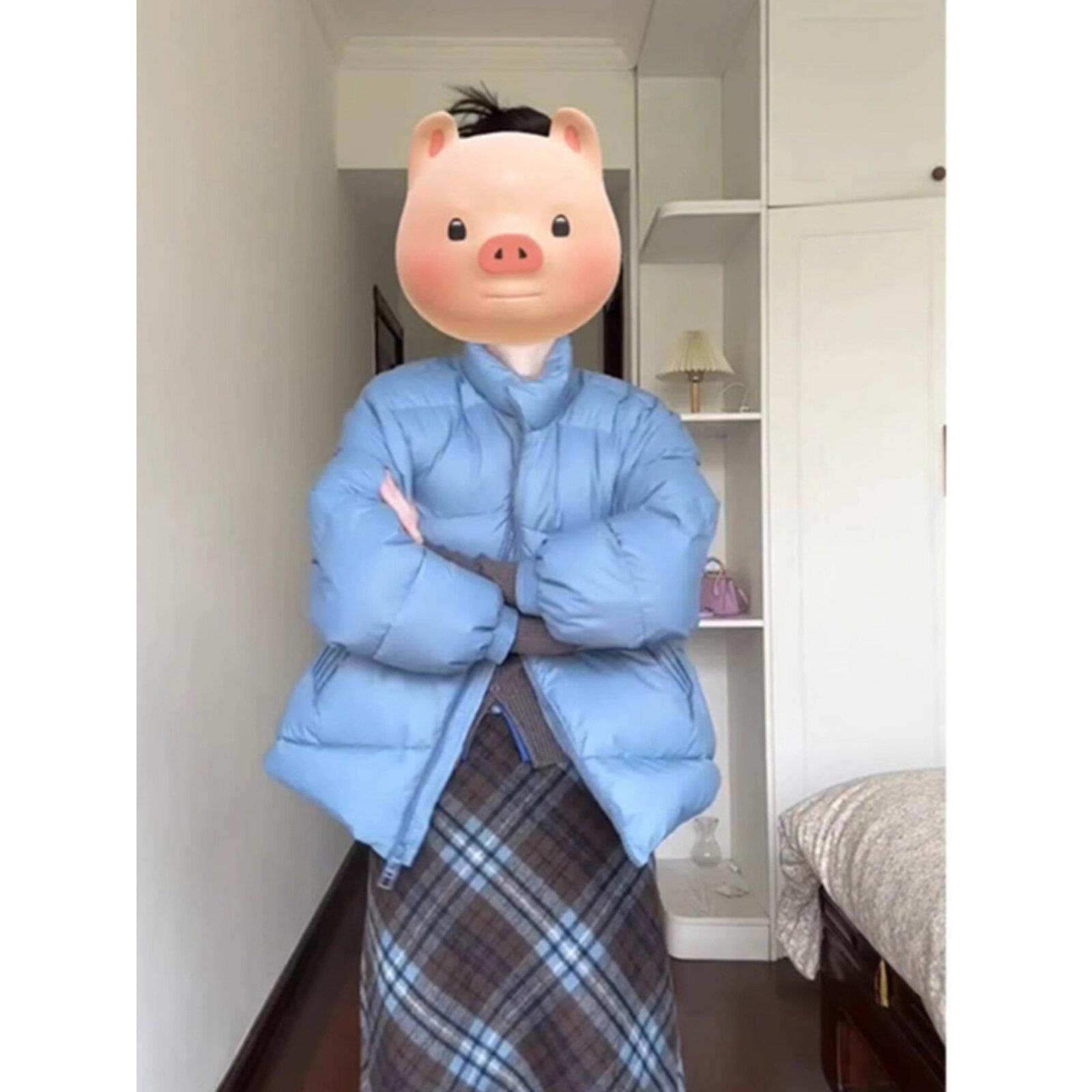 rouje bonjour蓝色立领短款双拉炼羽绒服外套棉服女冬暖加厚棉服