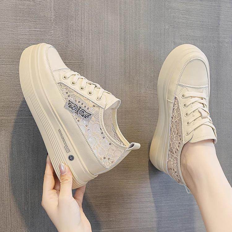 韩版潮牌薄款蕾丝网面透气内增高女鞋2025新款板鞋休闲网鞋小白鞋
