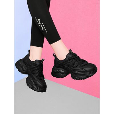 气质秋冬黑色老爹鞋女款旅游网鞋新款厚底显脚小休闲运动真皮鞋子