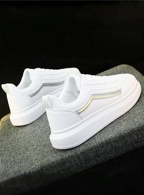 高端真皮白色男鞋2024新精神男孩运动鞋夫妇风格厚底增高运动鞋