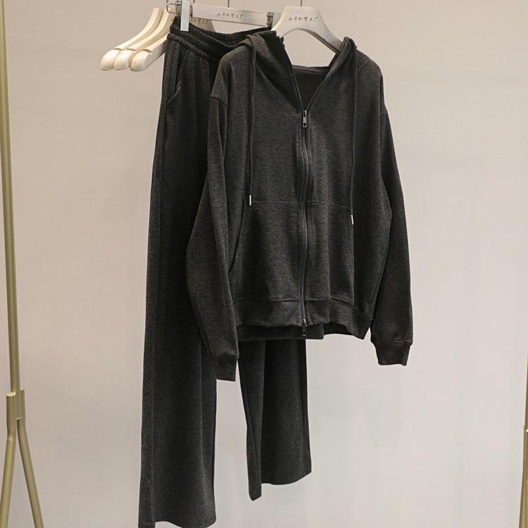 出街懒人穿搭~时尚休闲套装女连帽卫衣外套+拖地阔腿长裤两件套潮