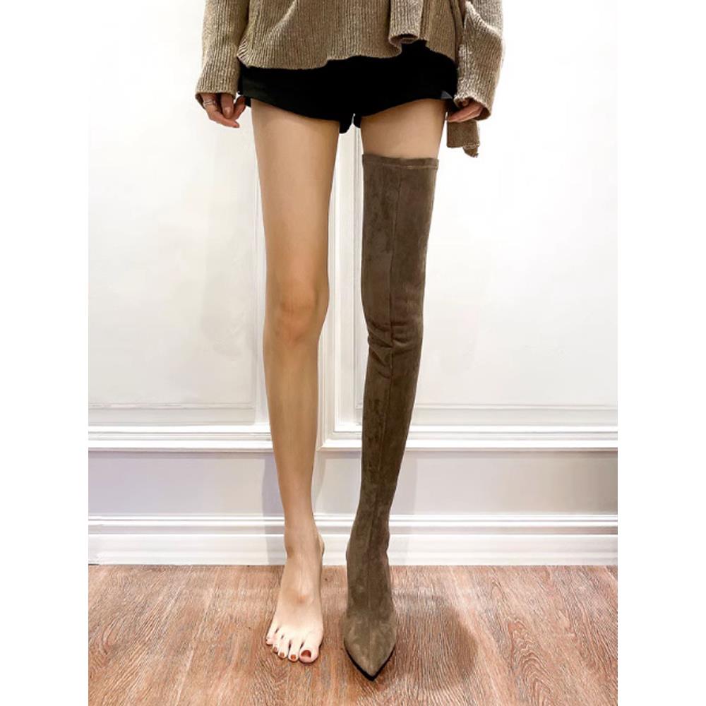 香港尖头细跟过膝长筒靴子女2025秋冬新款加绒高跟高筒靴弹力显瘦