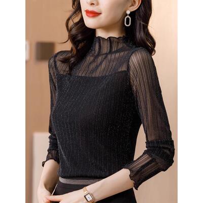 tach damas纯色蕾丝透款半高领网纱内搭上衣时尚洋气时髦打底衫