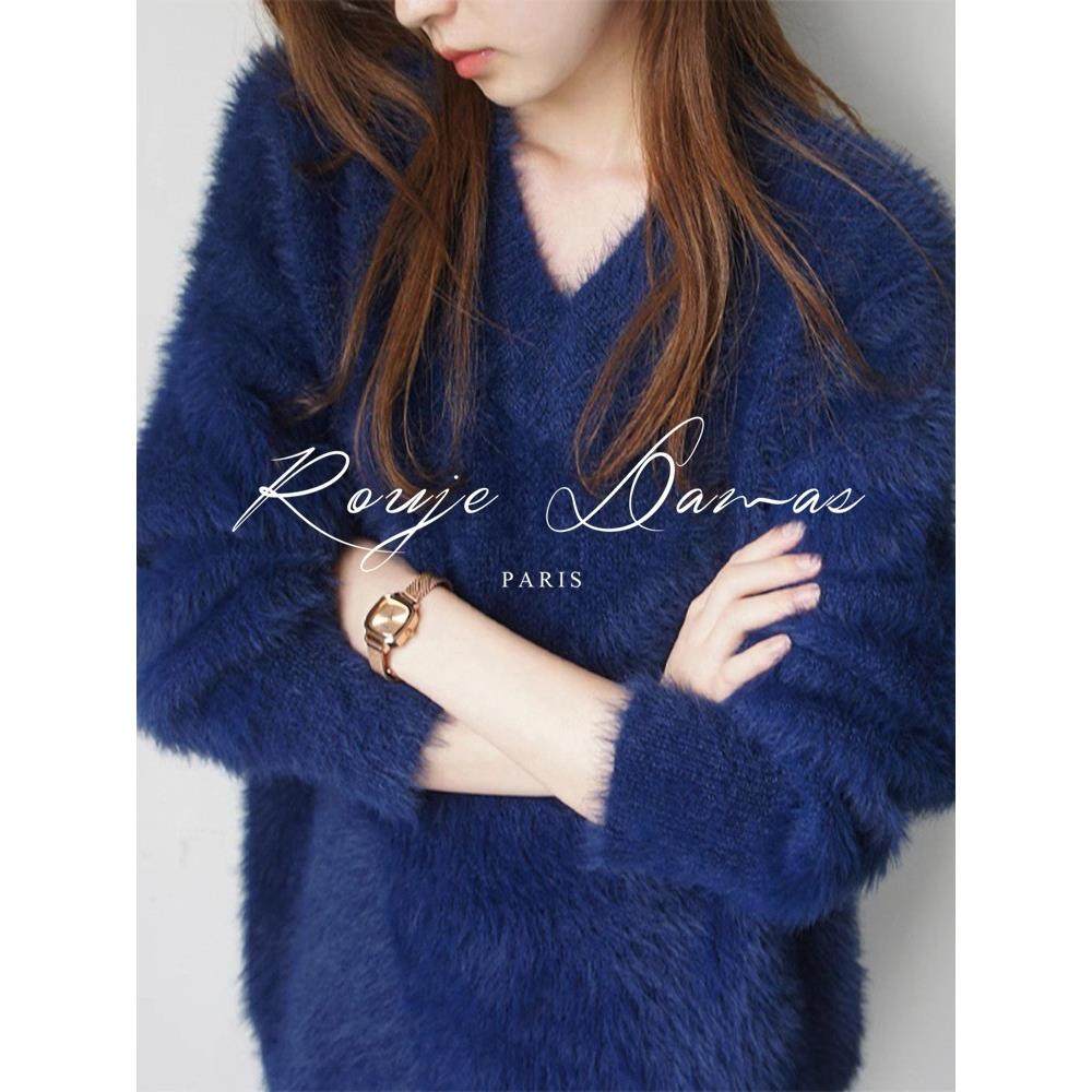 法国Rouje Damas法式软糯系浣熊绒马海毛克莱因蓝V领毛衣女针织衫,女装/女士精品,大码内搭,淘宝优惠券,粉丝福利购,淘宝优惠卷