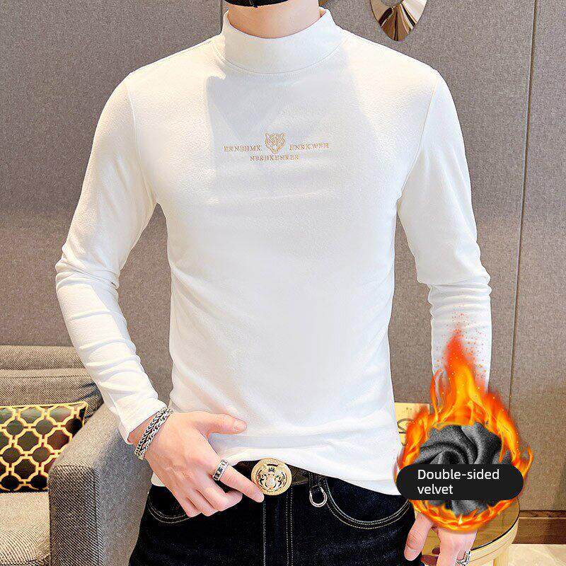 白色德双面绒打底衫男士半高领欧版修身中领秋衣男t恤长袖秋冬季