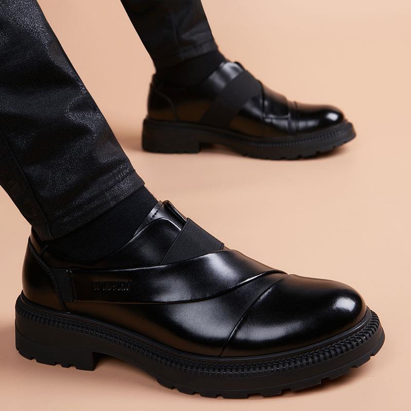 皮鞋男士秋季新款厚底增高真皮商务结婚鞋一脚蹬孟克鞋休闲男鞋子