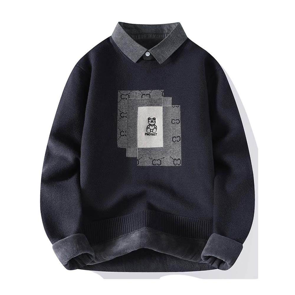 潮牌高级感假两件毛衣男秋冬季加绒小熊线衣衬衫领男士打底针织衫