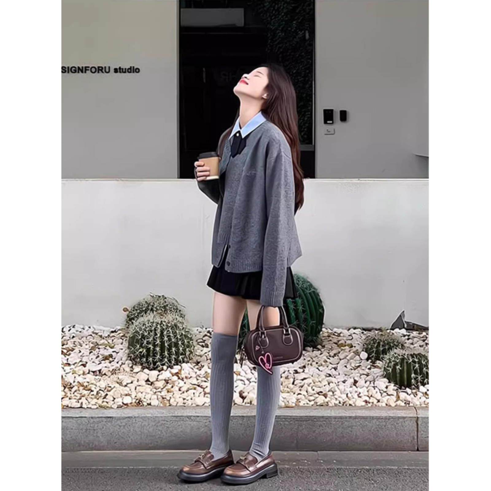 rouje bonjour韩系学院风灰色针织开衫女背心马甲蓝色衬衫三件套