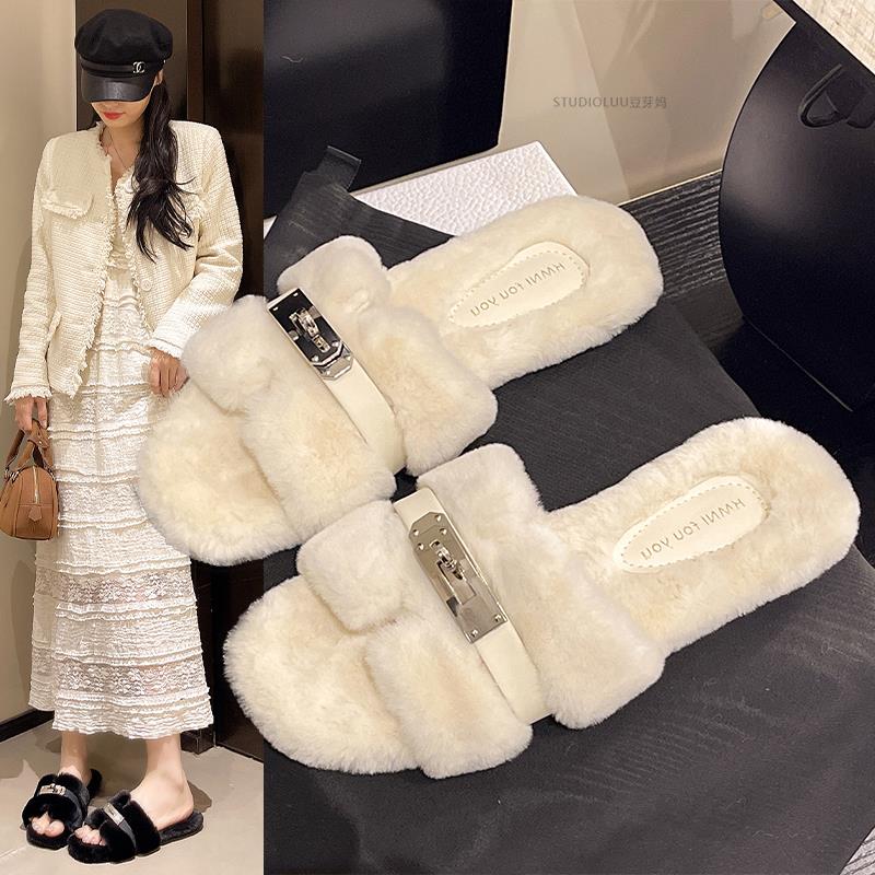 香港平底毛毛拖鞋女外穿2025新款秋冬季金属防滑保暖居家一字棉鞋