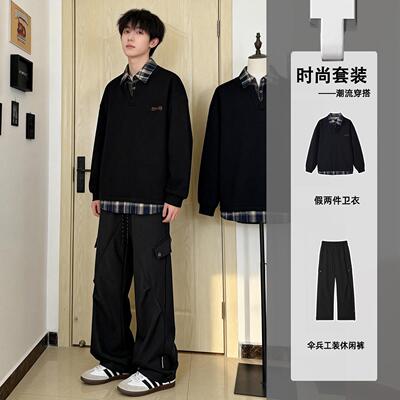 假两件格子拼接卫衣套装男春秋季休闲运动上衣裤子男装搭配一整套