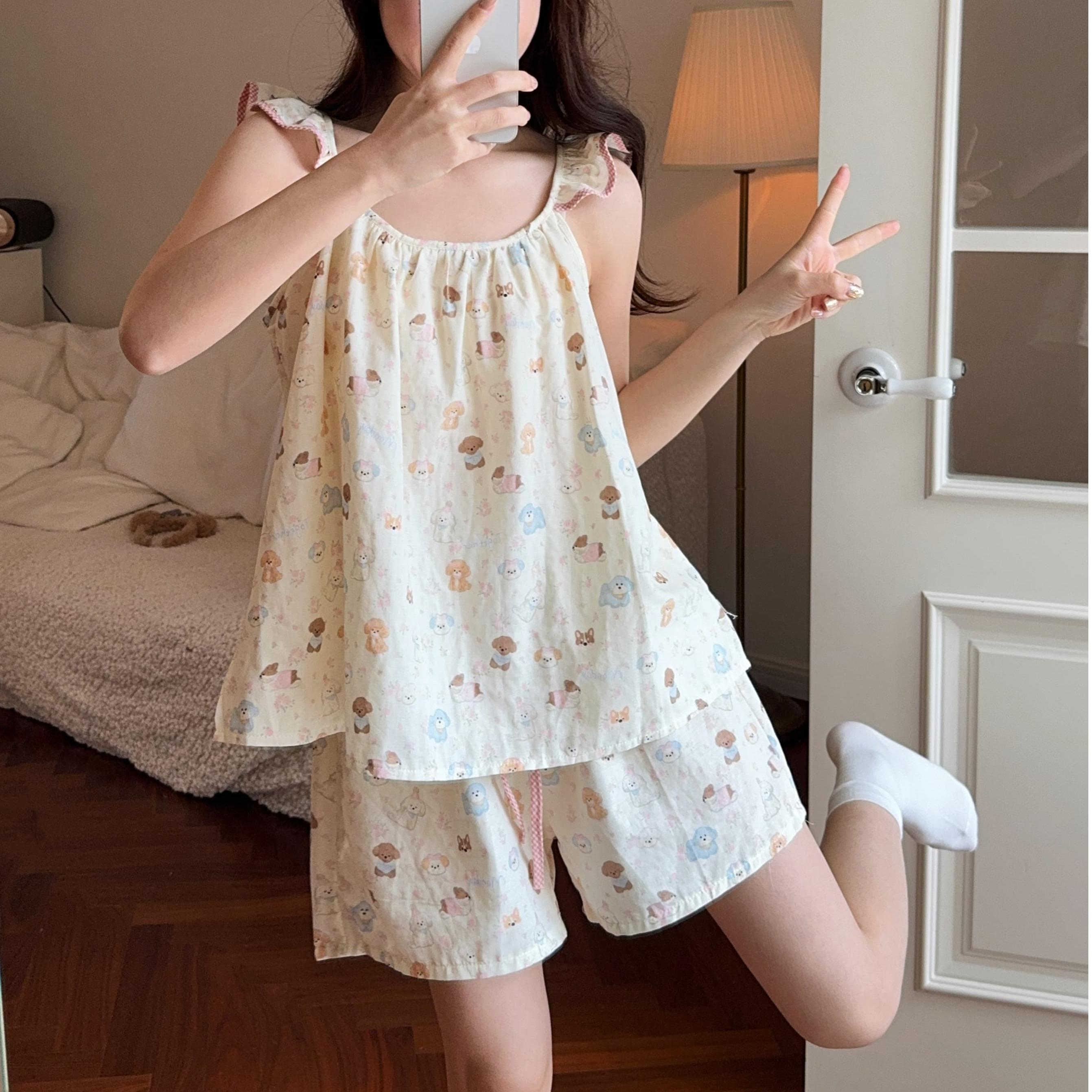 日本GP吊带睡衣女夏季背心短裤韩版甜美可爱小狗家居服两件套装薄