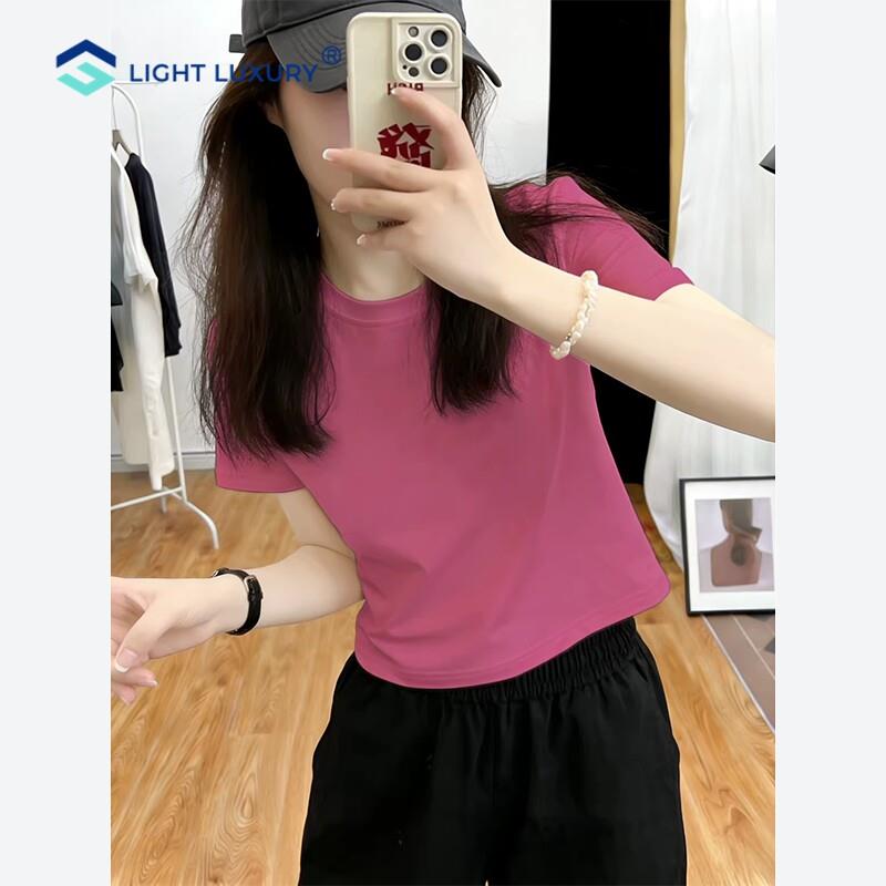 正肩修身短袖t恤女春夏秋季通勤透气短款遮肚显瘦玫红色圆领上衣