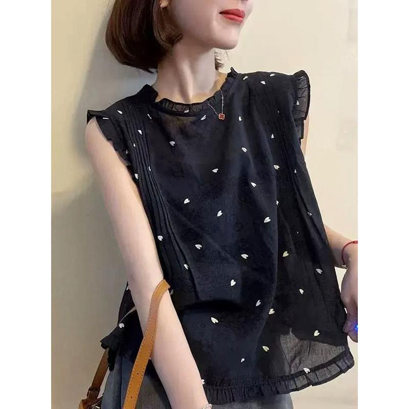 木耳边无袖衬衣女2025夏季新款韩版时尚爱心提花设计背心洋气上衣
