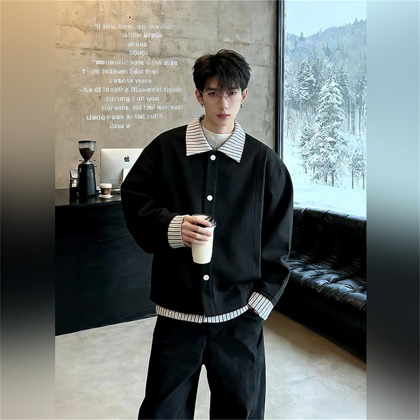 CLARALEE假两件开衫卫衣男春秋款条纹拼接衬衫复古文艺老钱风外套